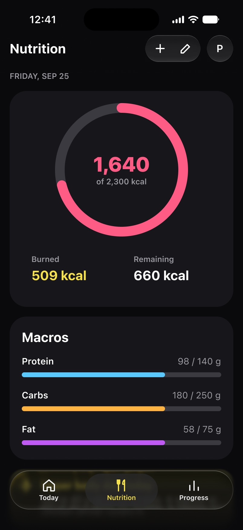 Pantalla de nutrición: anillo de 1.640 de 2.300 kcal, calorías quemadas y restantes, y barras de macros