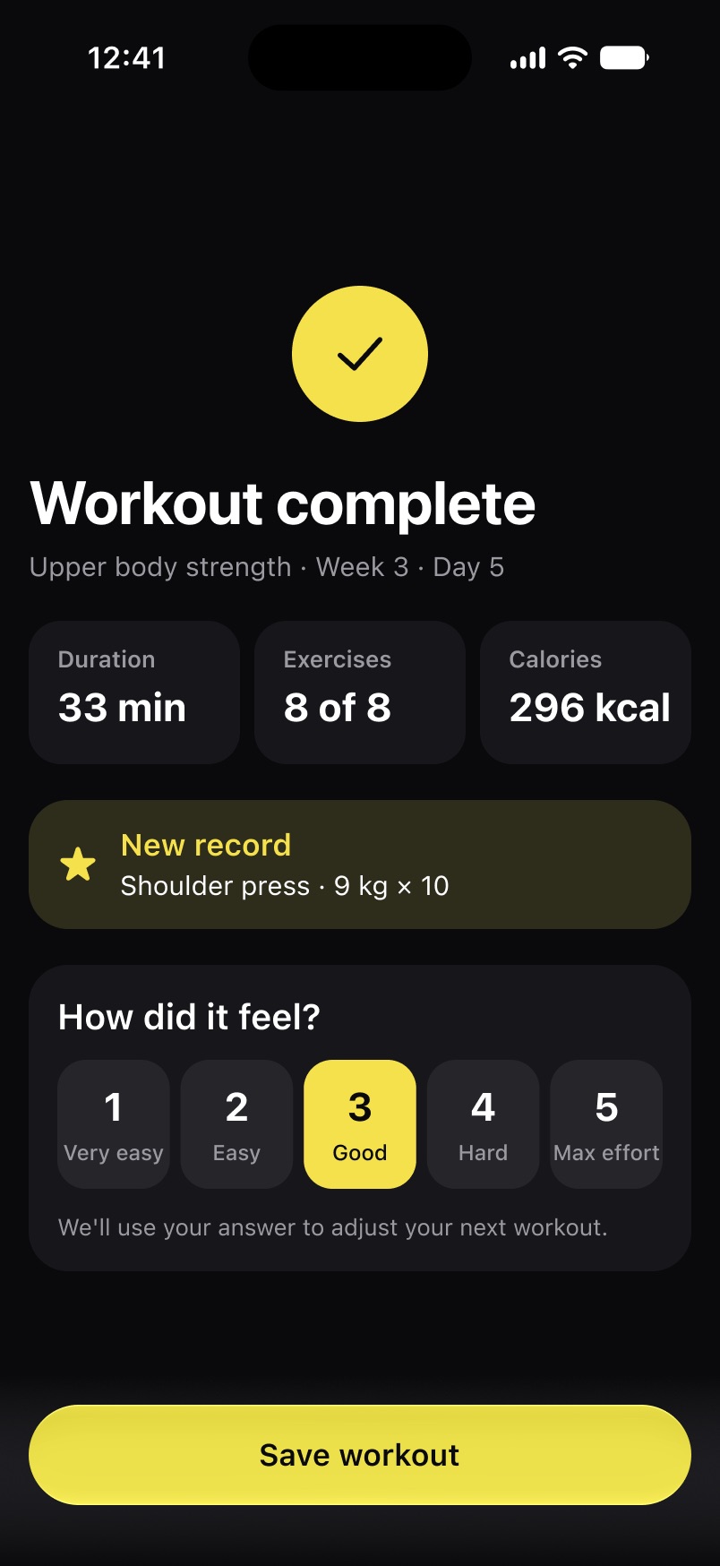 Entreno completado: 33 minutos, 8 de 8 ejercicios y valoración del 1 al 5, con Good seleccionado