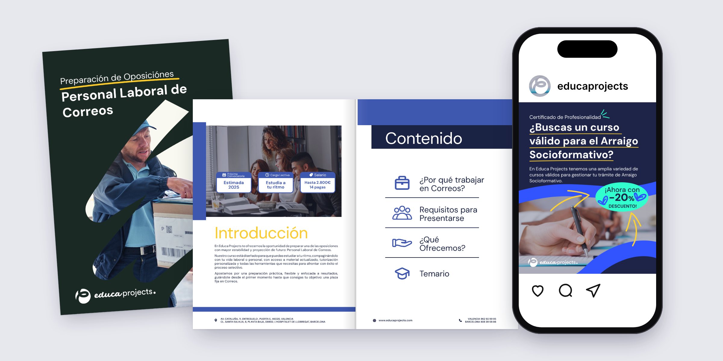 The Correos exam-prep dossier cover, its contents spread and an Educa Projects Instagram post on a phone, on a pale grey background