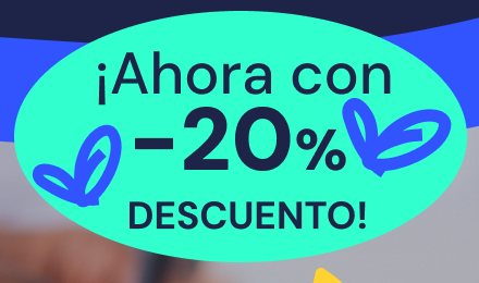 Detail: mint oval sticker reading “¡Ahora con −20% descuento!” with blue doodles