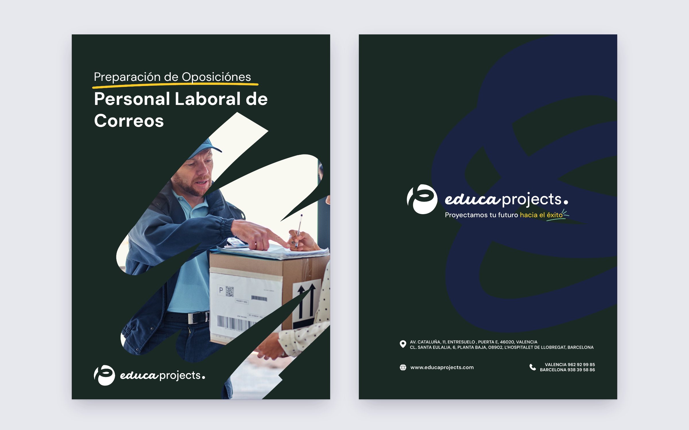 Front cover with a postal worker inside a large Educa brand shape, next to the back cover with the logo and centre addresses