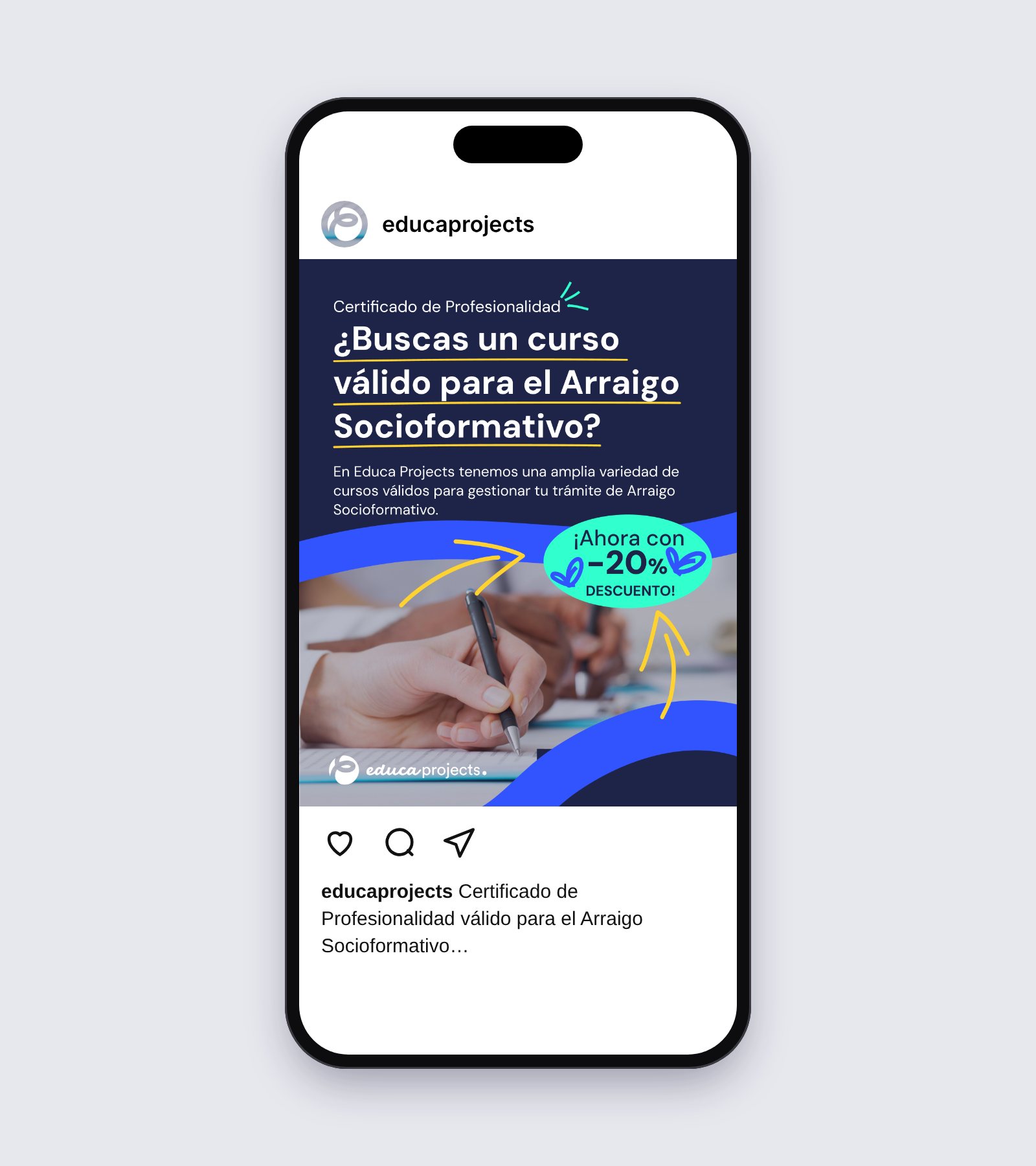 The arraigo socioformativo post shown in an Instagram feed on a phone