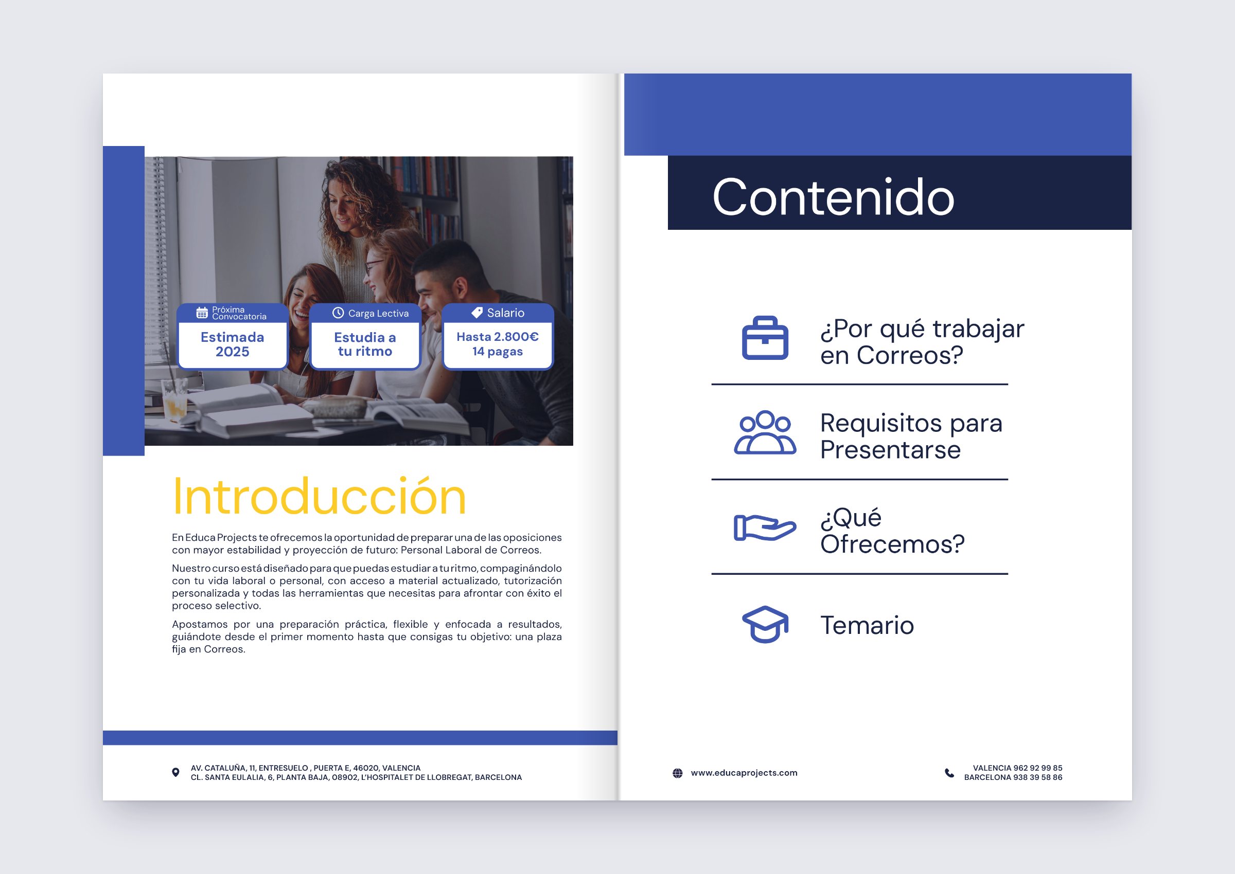 Dossier spread: introduction page with a photo and three info chips, facing a contents page with four icon-led questions