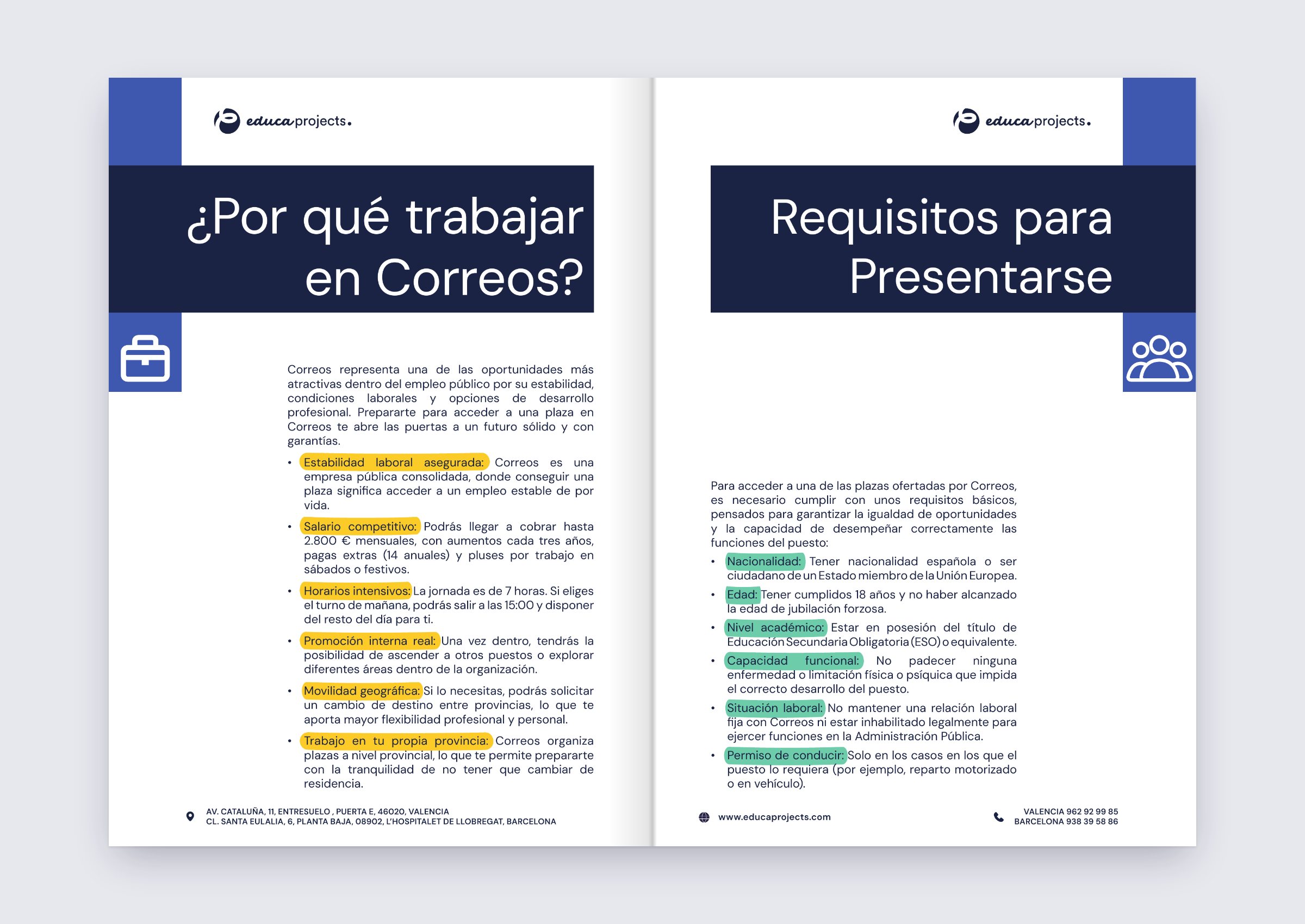 Dossier spread: “¿Por qué trabajar en Correos?” with benefits highlighted in yellow, and “Requisitos para presentarse” with requirements highlighted in mint