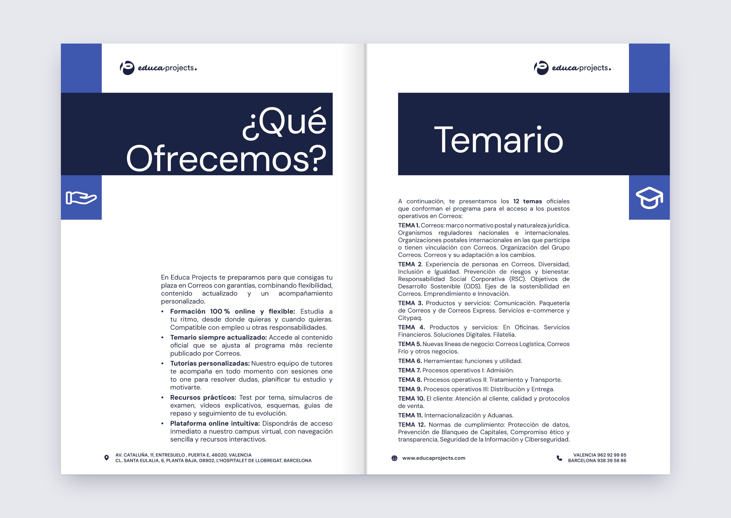 Dossier spread: “¿Qué ofrecemos?” listing what the course includes, and the twelve-topic syllabus