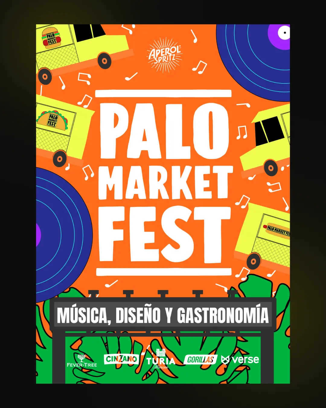 Cartel de Palo Market Fest: food trucks, vinilos y tipografía blanca sobre naranja