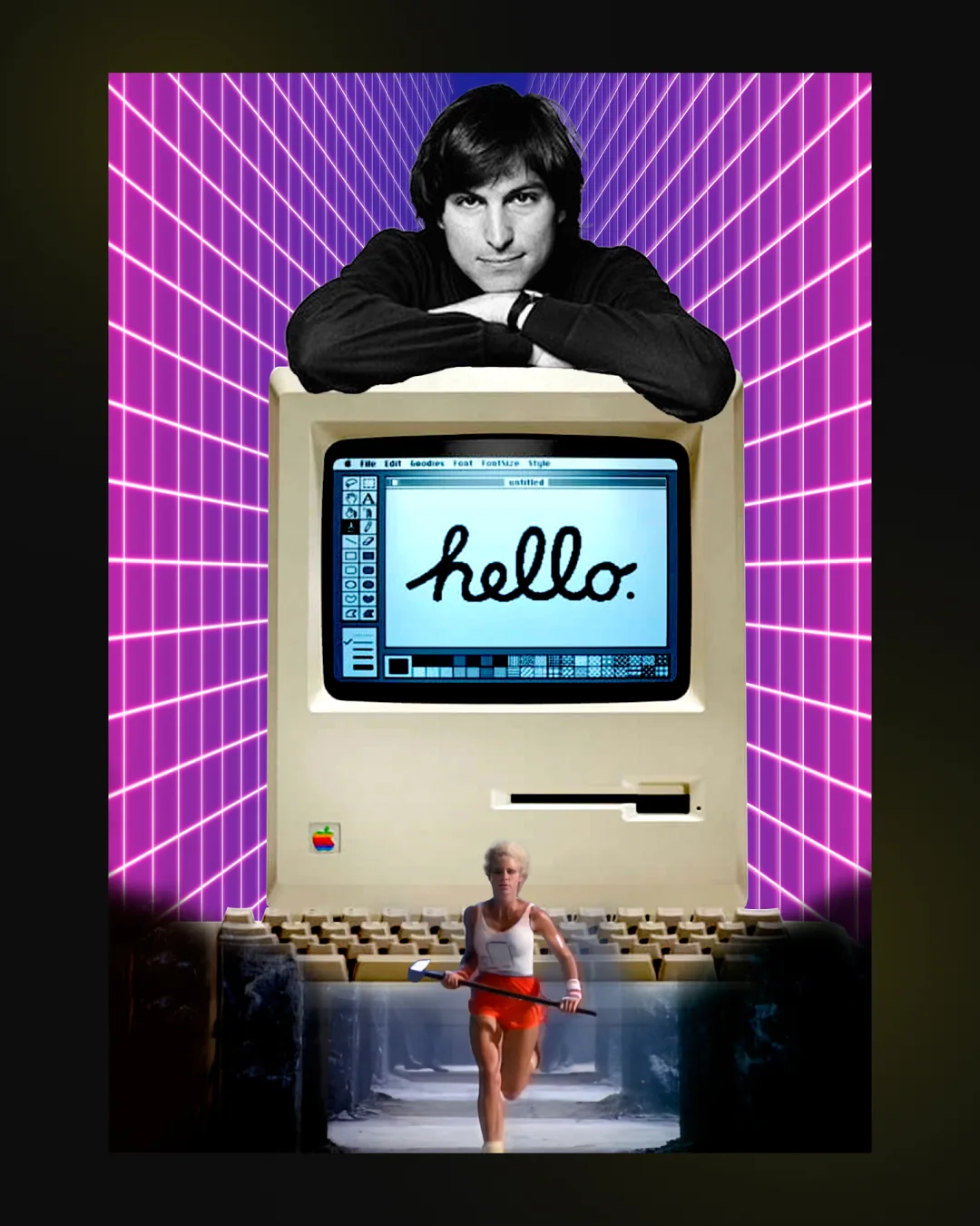 Collage retro: Steve Jobs sobre un Macintosh antiguo que dice «hello», en una cuadrícula de neón