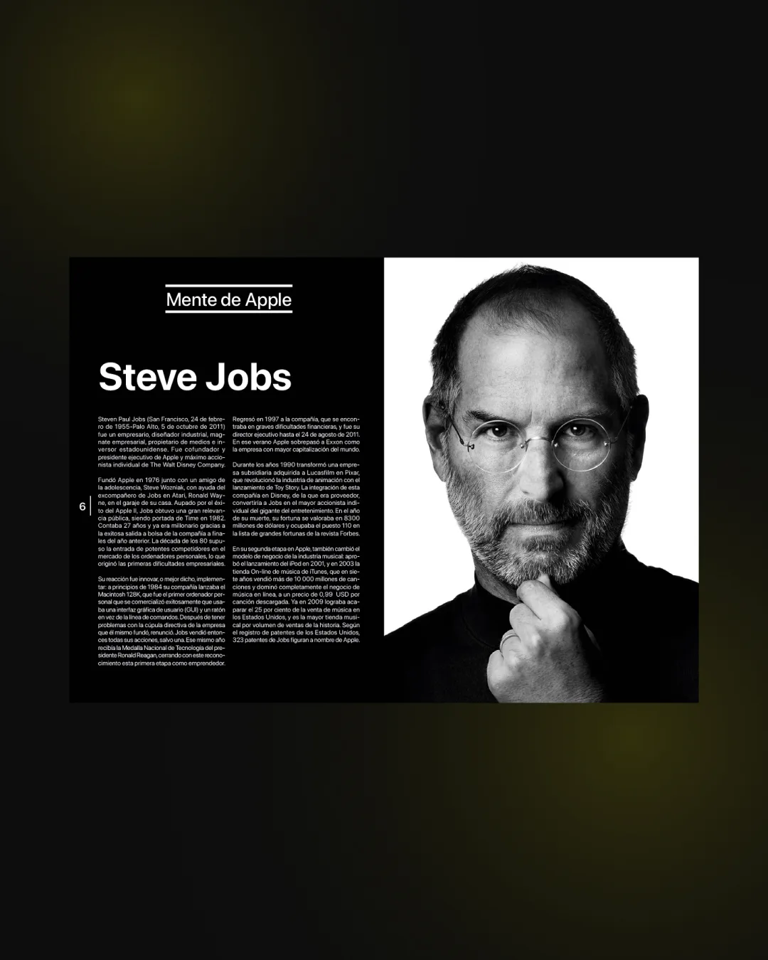 Doble página editorial sobre Steve Jobs: una página negra de texto junto a un retrato en blanco y negro