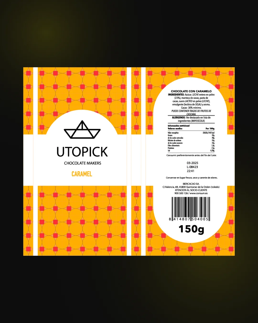 Envoltorio de chocolate Utopick Caramel: el logo del barco de papel sobre un patrón amarillo y rojo