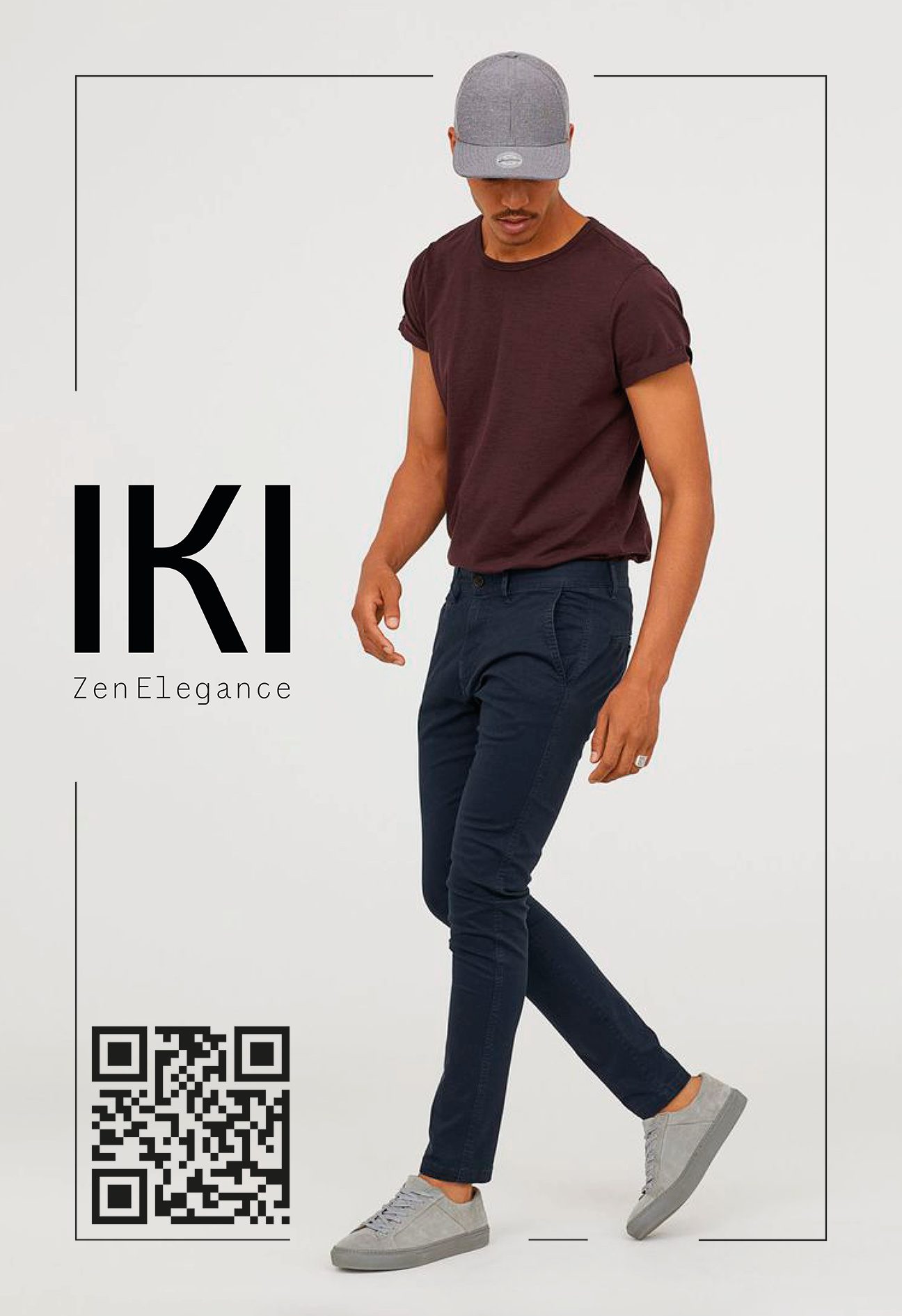 Diseño en plano del MUPI: logotipo de IKI, código QR y una modelo caminando dentro de un marco fino