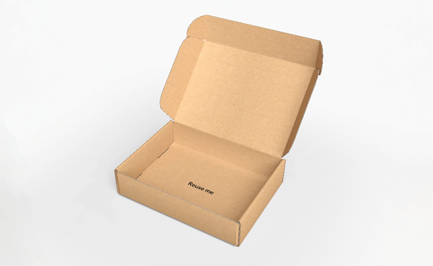 Caja kraft abierta con «Reuse me» impreso en el fondo