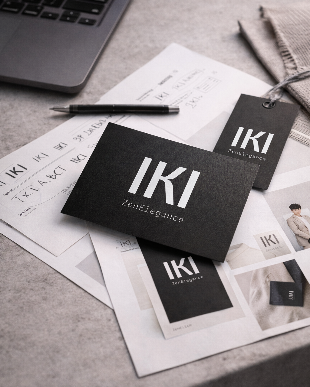 Tarjeta de visita y etiqueta colgante negras de IKI sobre una mesa, encima de bocetos y maquetas impresas del logotipo