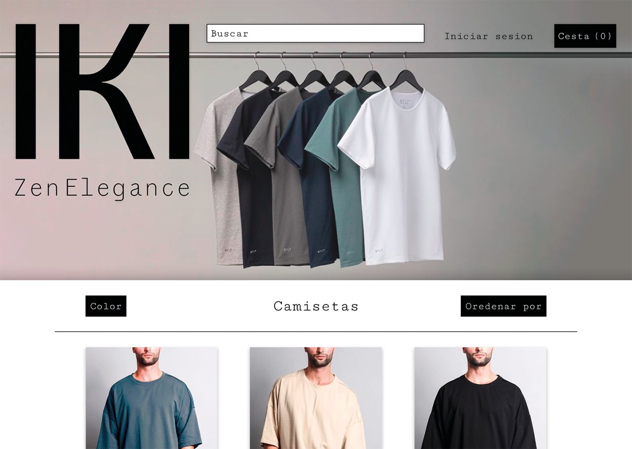 Home del e-commerce de IKI: logotipo grande, camisetas en siete tonos en fila, filtros y una rejilla de producto